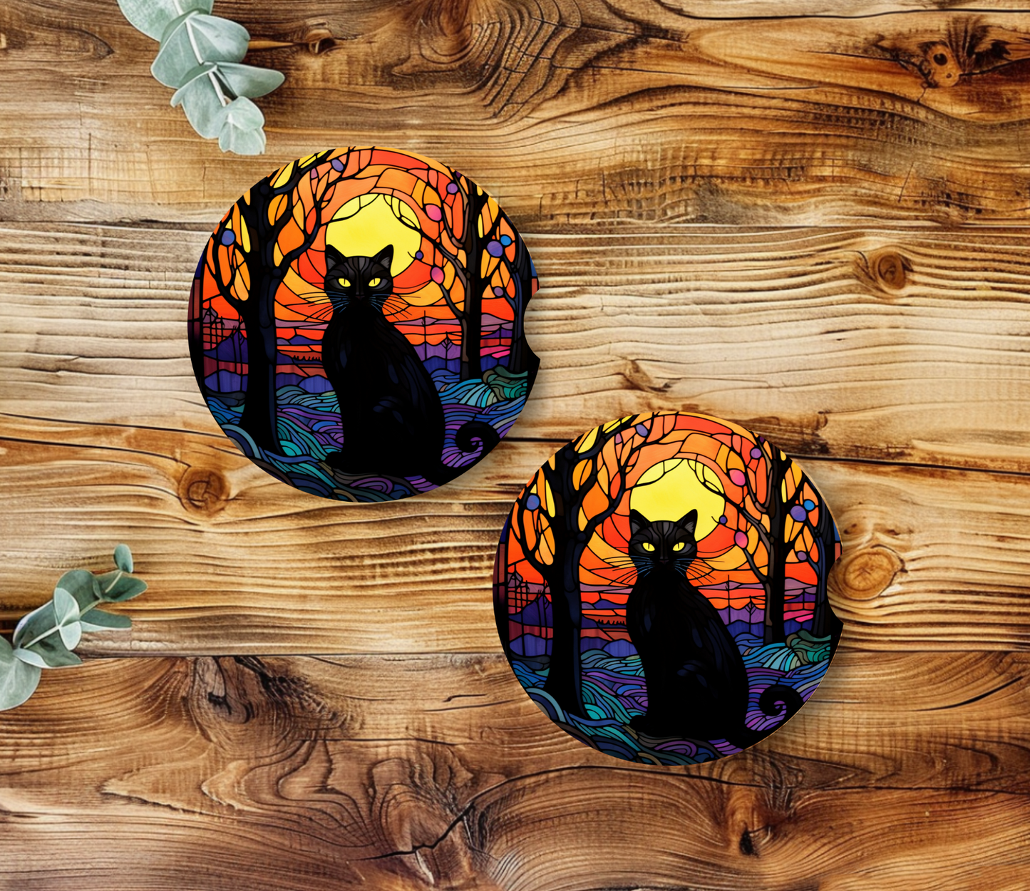 Stained Glass Black Cat - Car Coasters