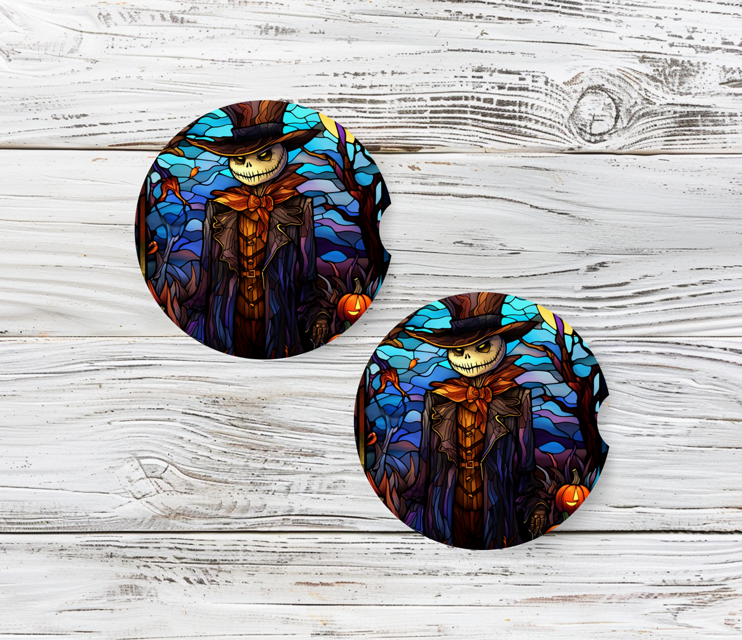 Stained Glass Halloween Town - Car Coasters