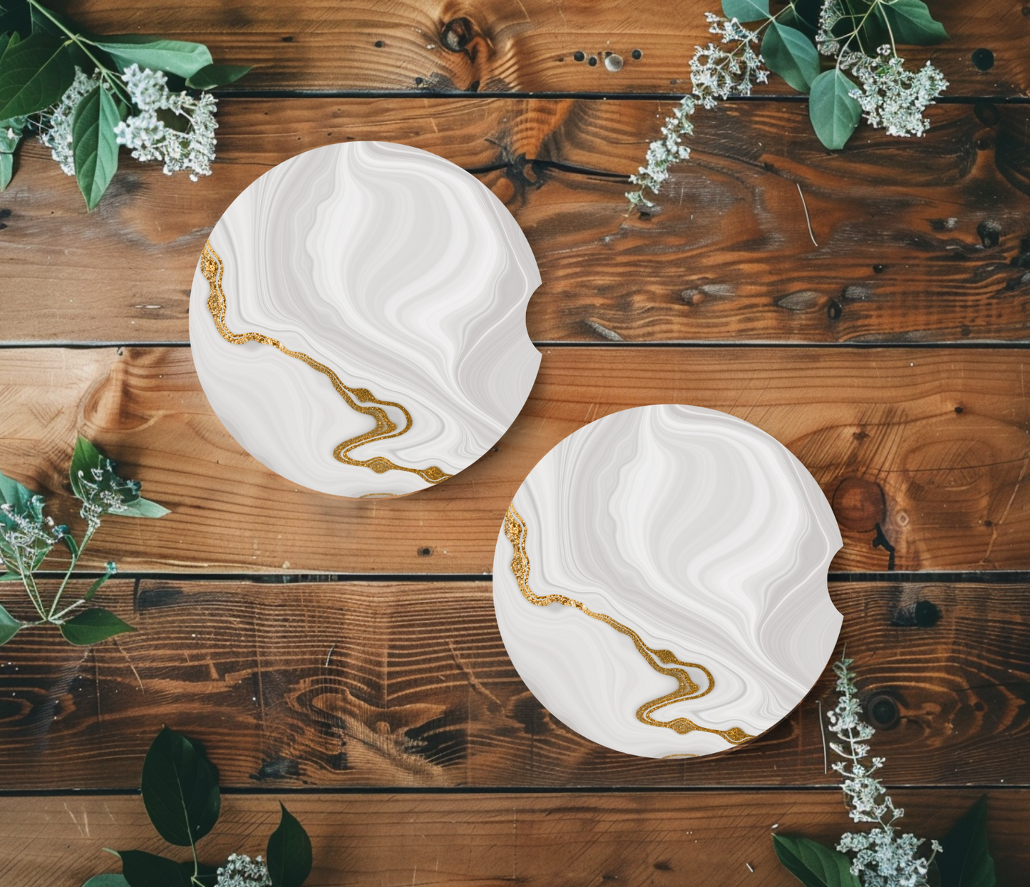 White & Gold Agate Car Coasters