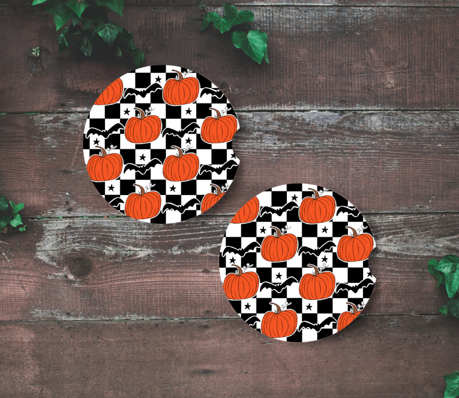 Checkered Pumpkin - Car Coasters