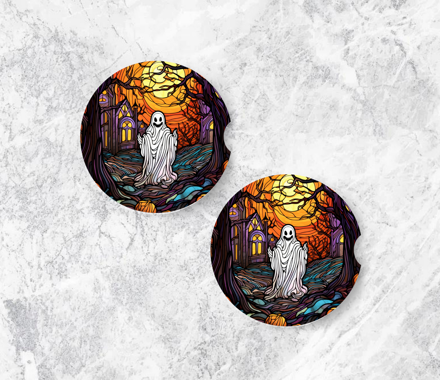 Stained Glass Ghost - Car Coasters